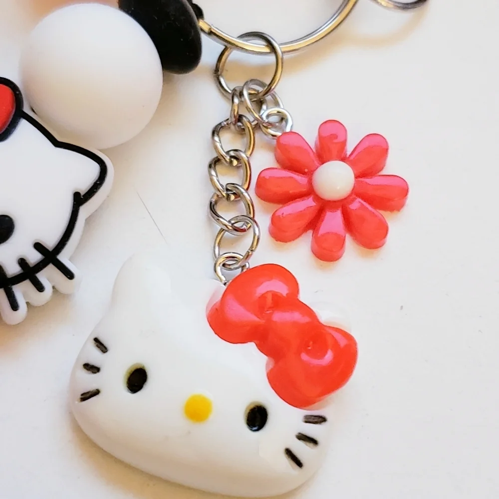 Handmade Kawaii Black Red White Strawberry Flower Hello Kitty Keychain